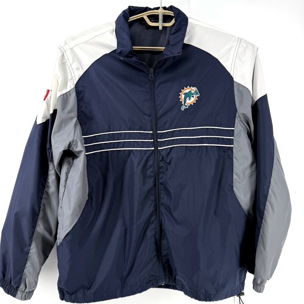 Reebok Miami Dolphins SI Zip Up Windbreaker Size L NFLTeam Apparel Blue Logo